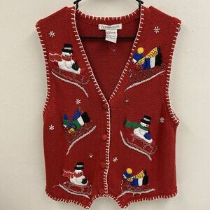 Victoria Jones Button Front Yarn Bead Felt Trim Christmas Vest Red Size Large